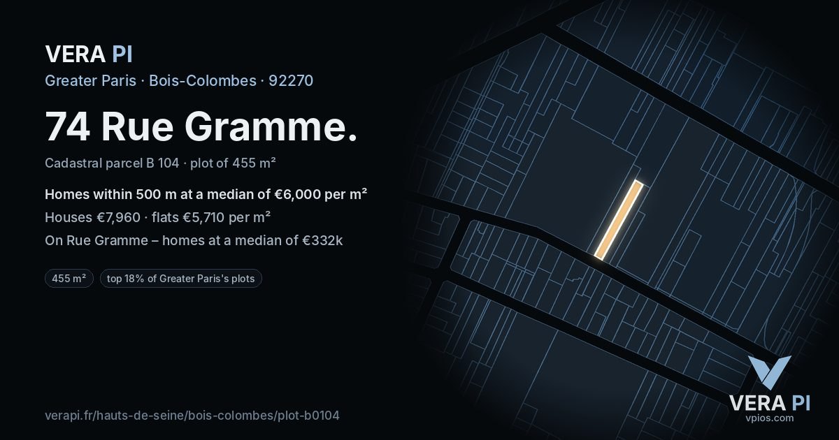 74 Rue Gramme, Bois-Colombes at night – the plot lit, the parcels around coloured by the prices near them