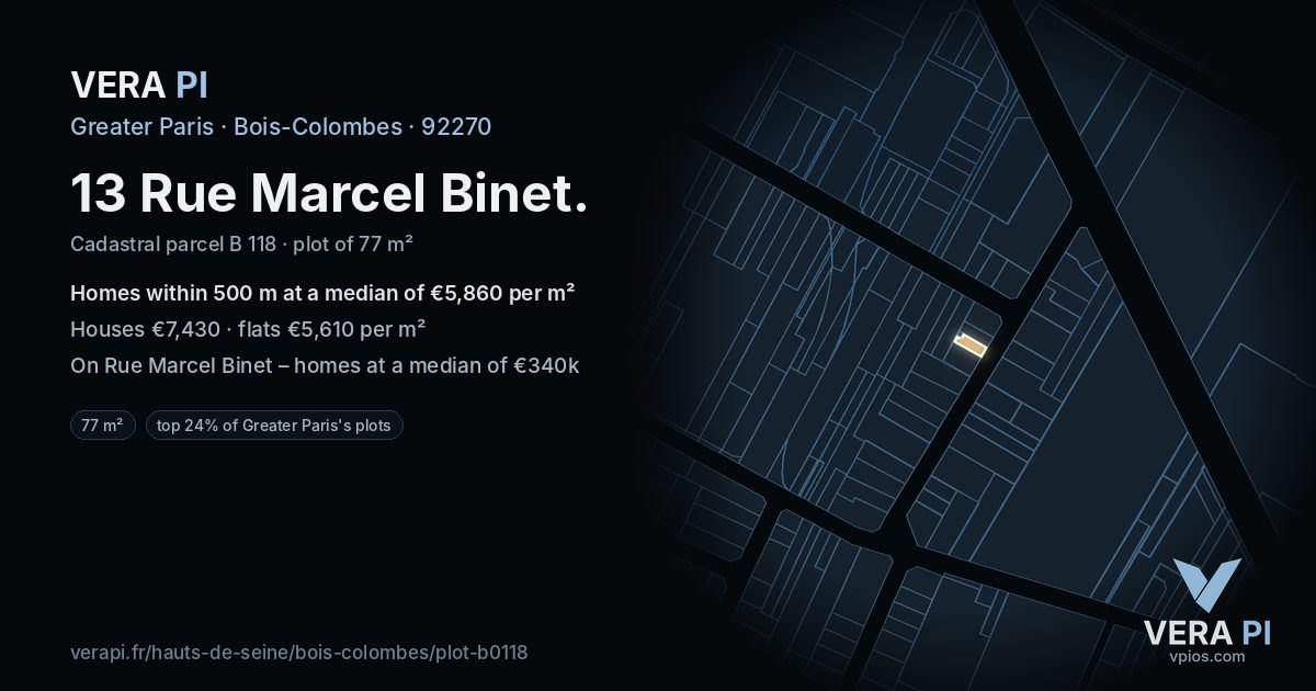 13 Rue Marcel Binet, Bois-Colombes at night – the plot lit, the parcels around coloured by the prices near them