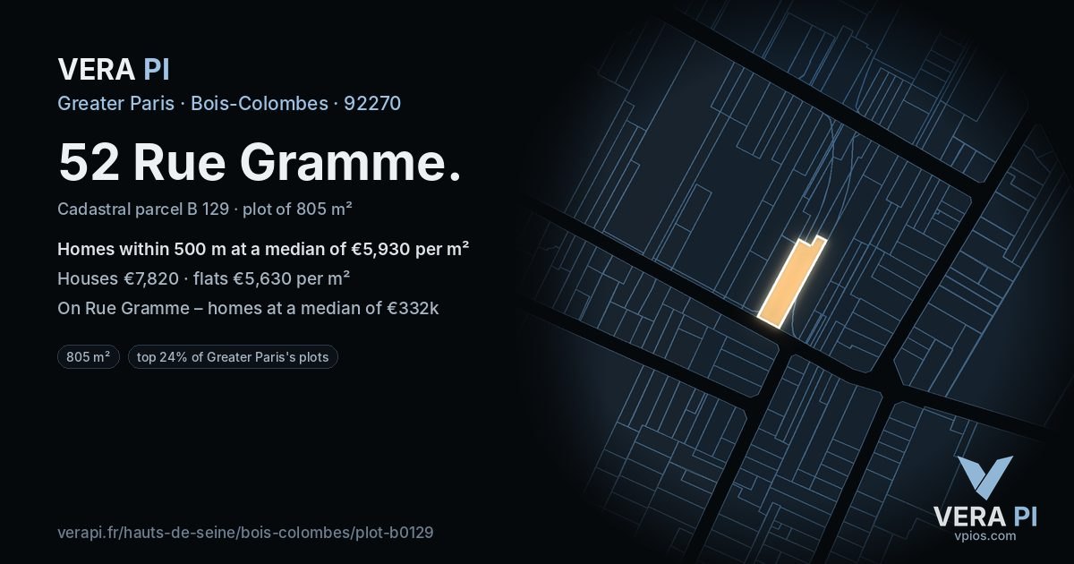 52 Rue Gramme, Bois-Colombes at night – the plot lit, the parcels around coloured by the prices near them