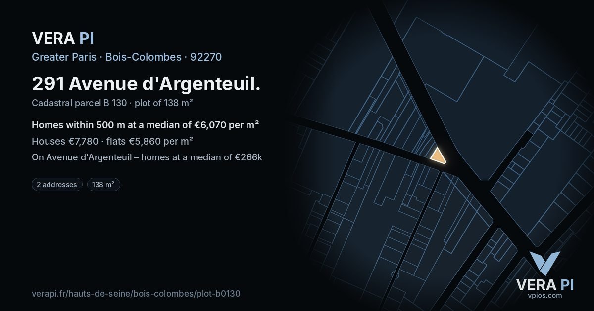 291 Avenue d'Argenteuil, Bois-Colombes at night – the plot lit, the parcels around coloured by the prices near them