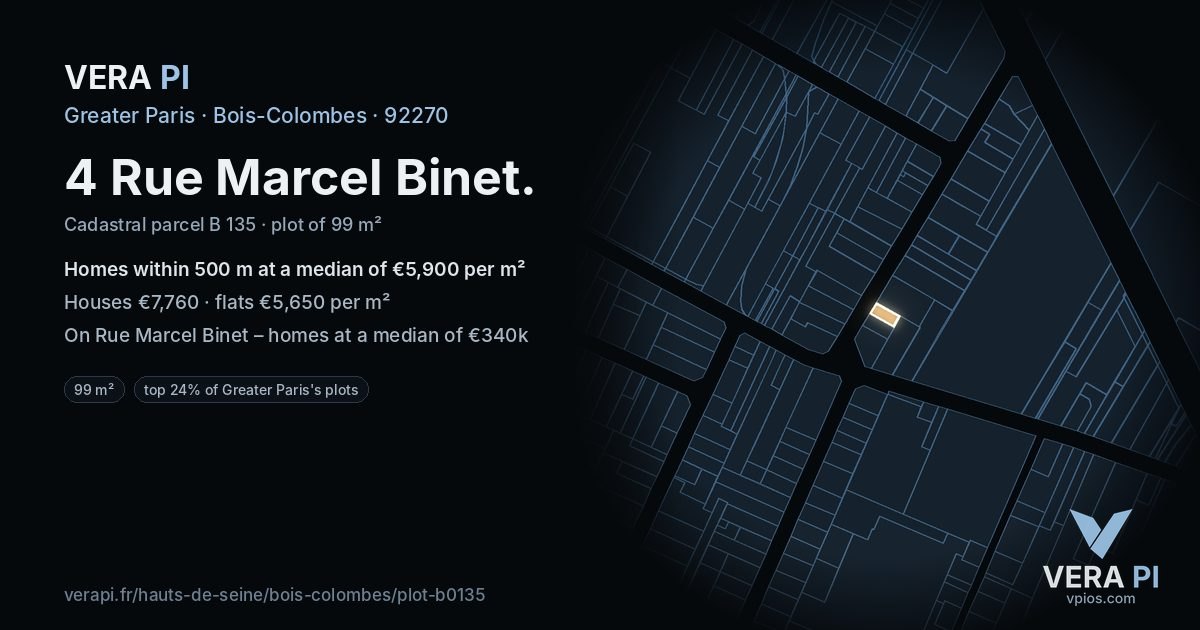 4 Rue Marcel Binet, Bois-Colombes at night – the plot lit, the parcels around coloured by the prices near them