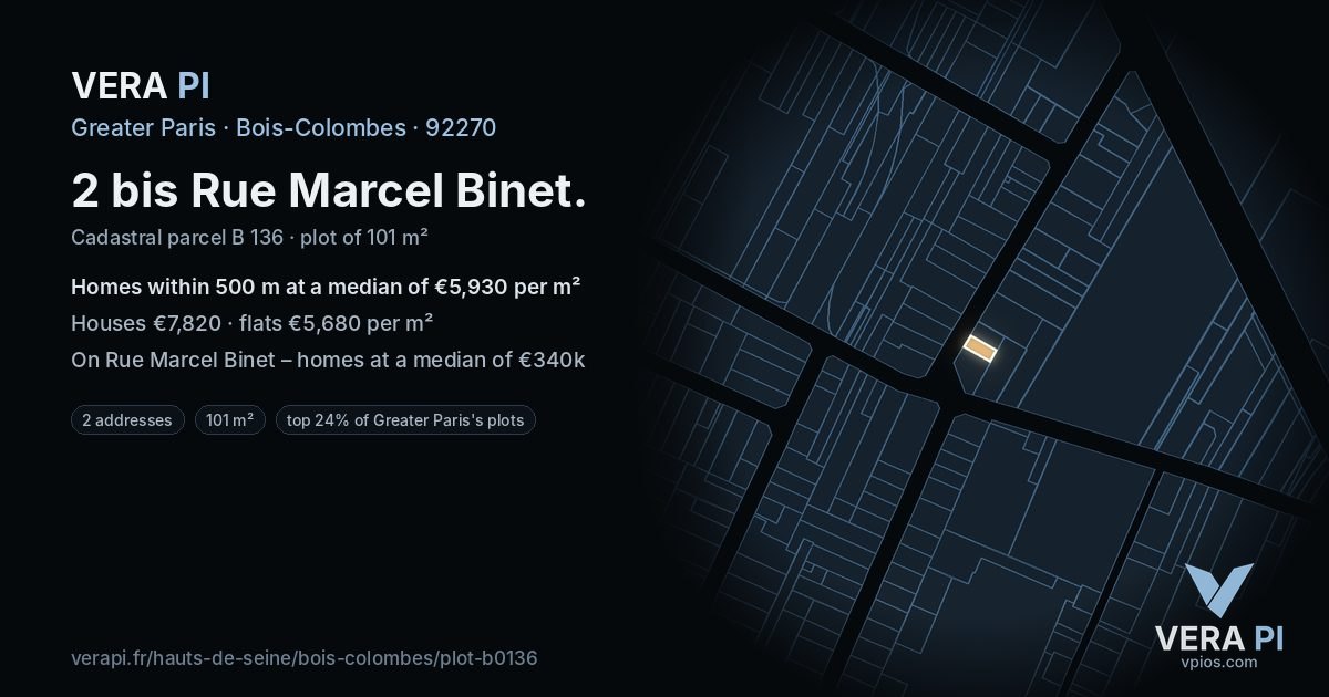 2 bis Rue Marcel Binet, Bois-Colombes at night – the plot lit, the parcels around coloured by the prices near them