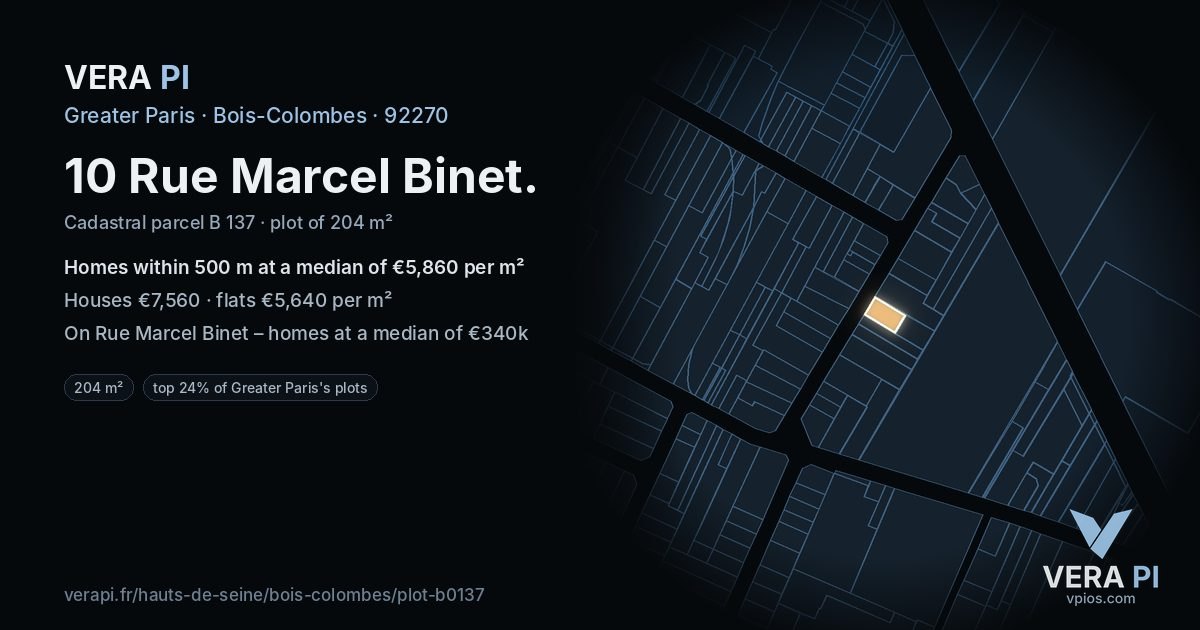 10 Rue Marcel Binet, Bois-Colombes at night – the plot lit, the parcels around coloured by the prices near them