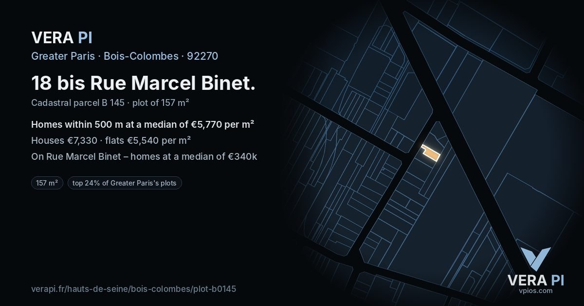 18 bis Rue Marcel Binet, Bois-Colombes at night – the plot lit, the parcels around coloured by the prices near them