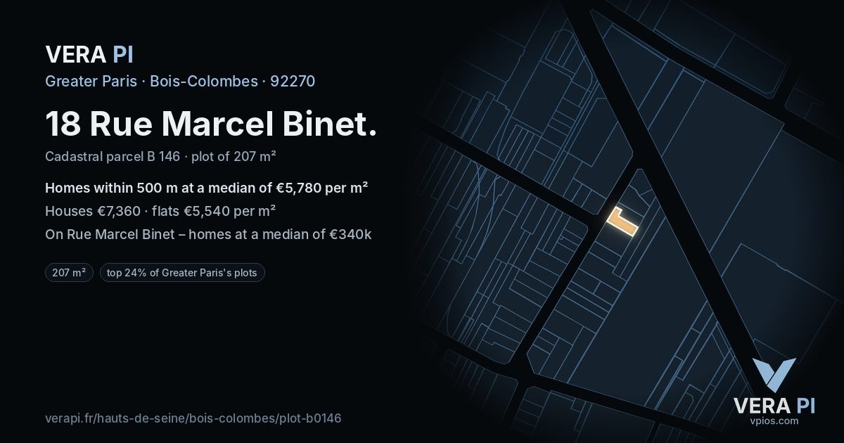 18 Rue Marcel Binet, Bois-Colombes at night – the plot lit, the parcels around coloured by the prices near them