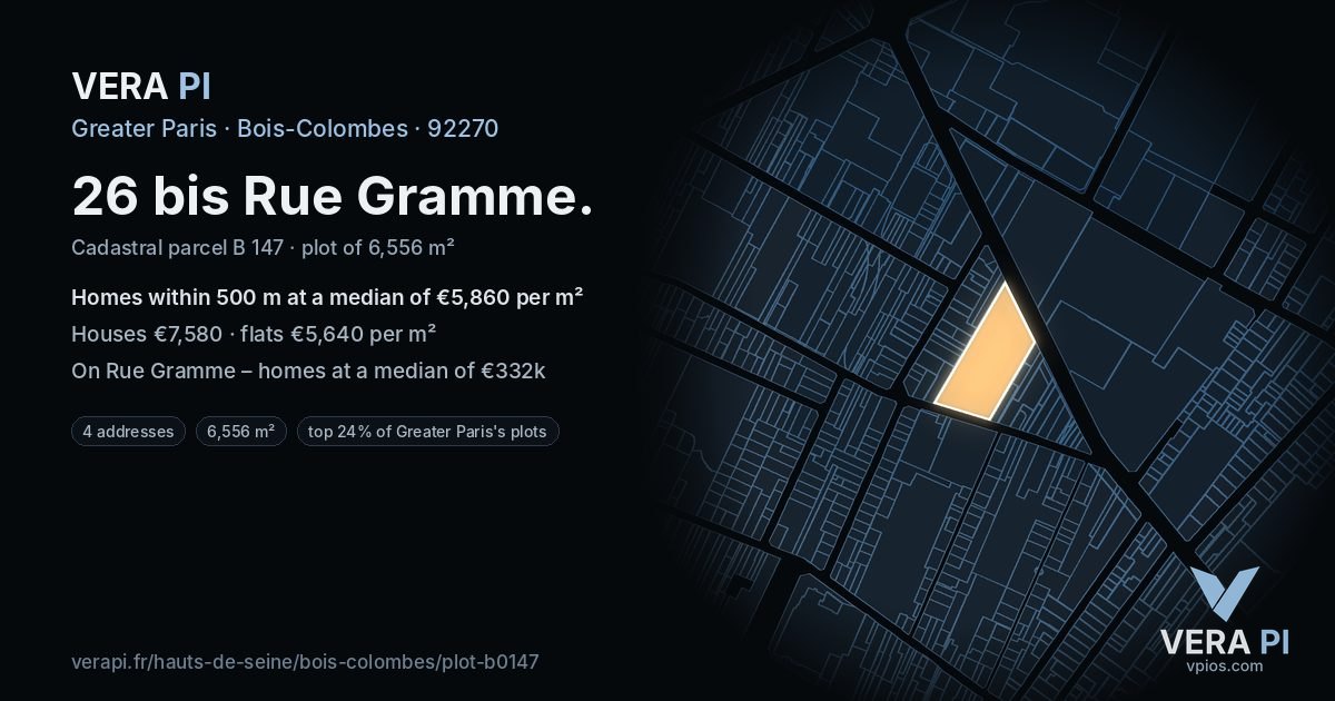 26 bis Rue Gramme, Bois-Colombes at night – the plot lit, the parcels around coloured by the prices near them