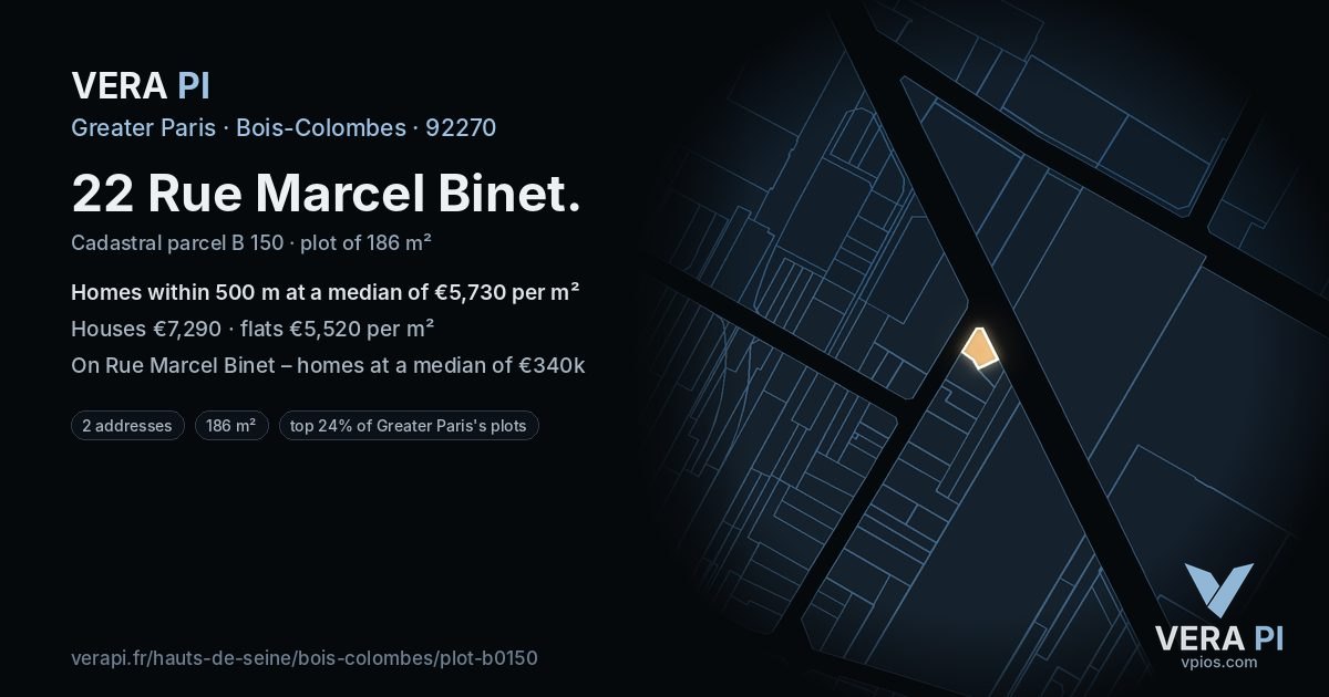 22 Rue Marcel Binet, Bois-Colombes at night – the plot lit, the parcels around coloured by the prices near them