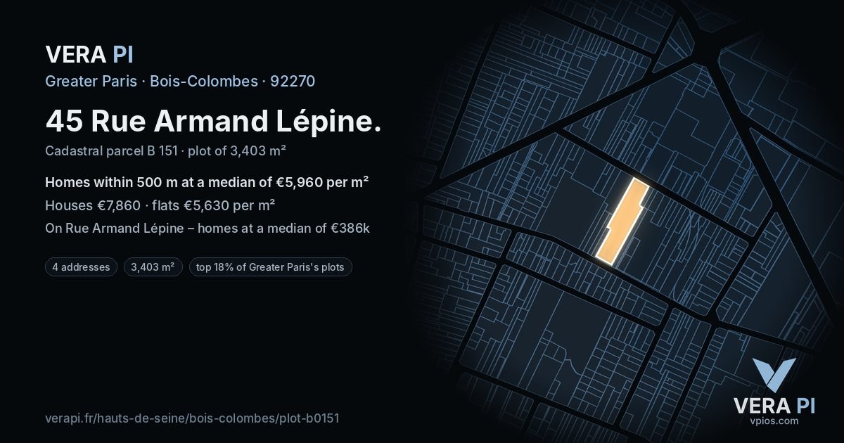 45 Rue Armand Lépine, Bois-Colombes at night – the plot lit, the parcels around coloured by the prices near them