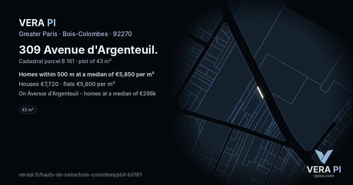309 Avenue d'Argenteuil, Bois-Colombes at night – the plot lit, the parcels around coloured by the prices near them
