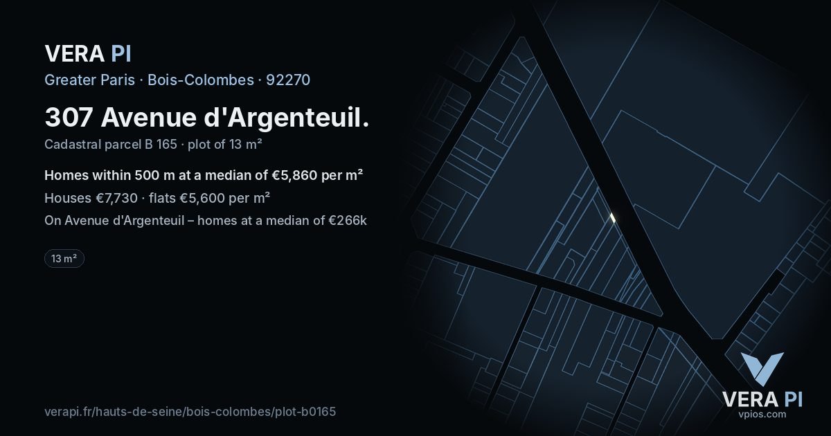 307 Avenue d'Argenteuil, Bois-Colombes at night – the plot lit, the parcels around coloured by the prices near them
