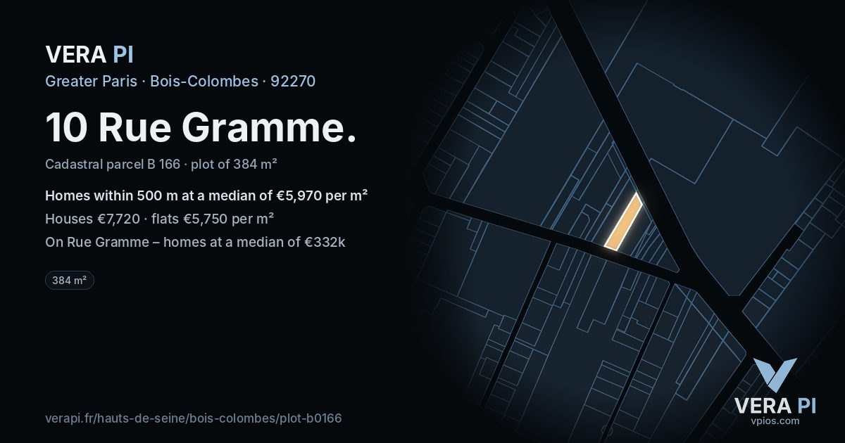 10 Rue Gramme, Bois-Colombes at night – the plot lit, the parcels around coloured by the prices near them