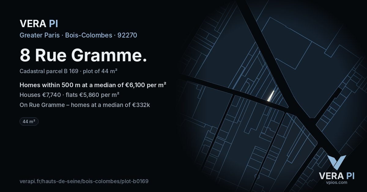 8 Rue Gramme, Bois-Colombes at night – the plot lit, the parcels around coloured by the prices near them