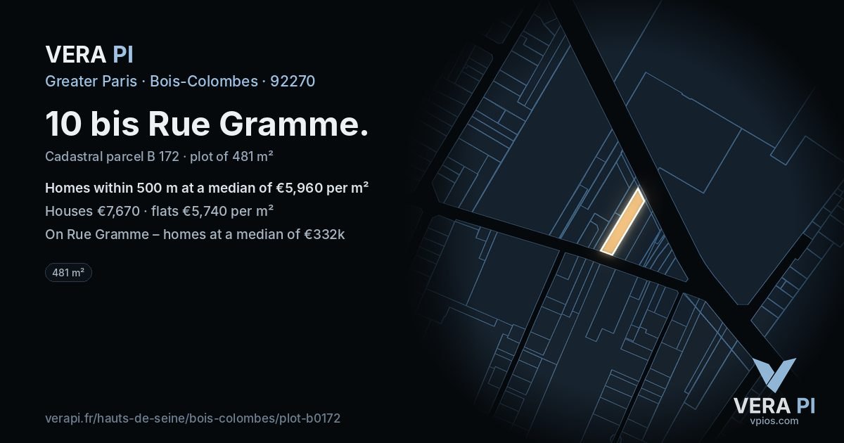 10 bis Rue Gramme, Bois-Colombes at night – the plot lit, the parcels around coloured by the prices near them