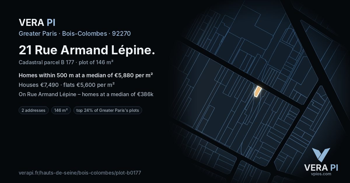 21 Rue Armand Lépine, Bois-Colombes at night – the plot lit, the parcels around coloured by the prices near them