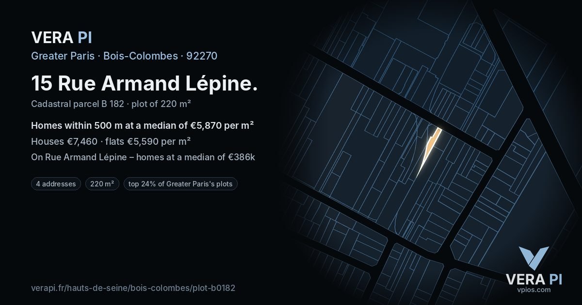 15 Rue Armand Lépine, Bois-Colombes at night – the plot lit, the parcels around coloured by the prices near them