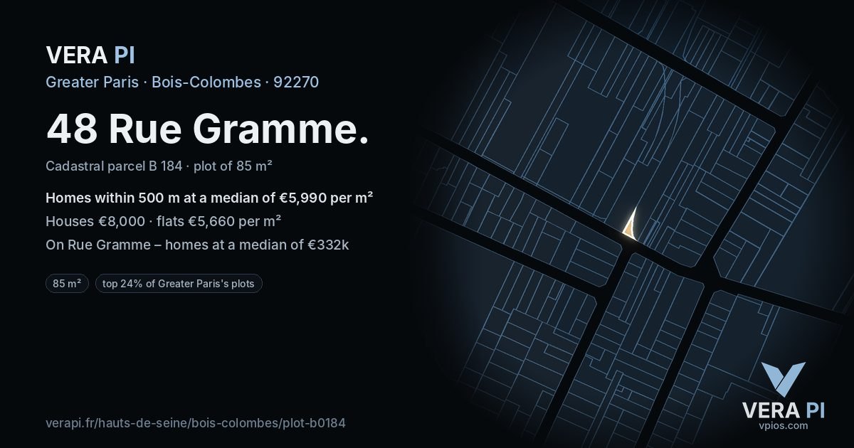 48 Rue Gramme, Bois-Colombes at night – the plot lit, the parcels around coloured by the prices near them