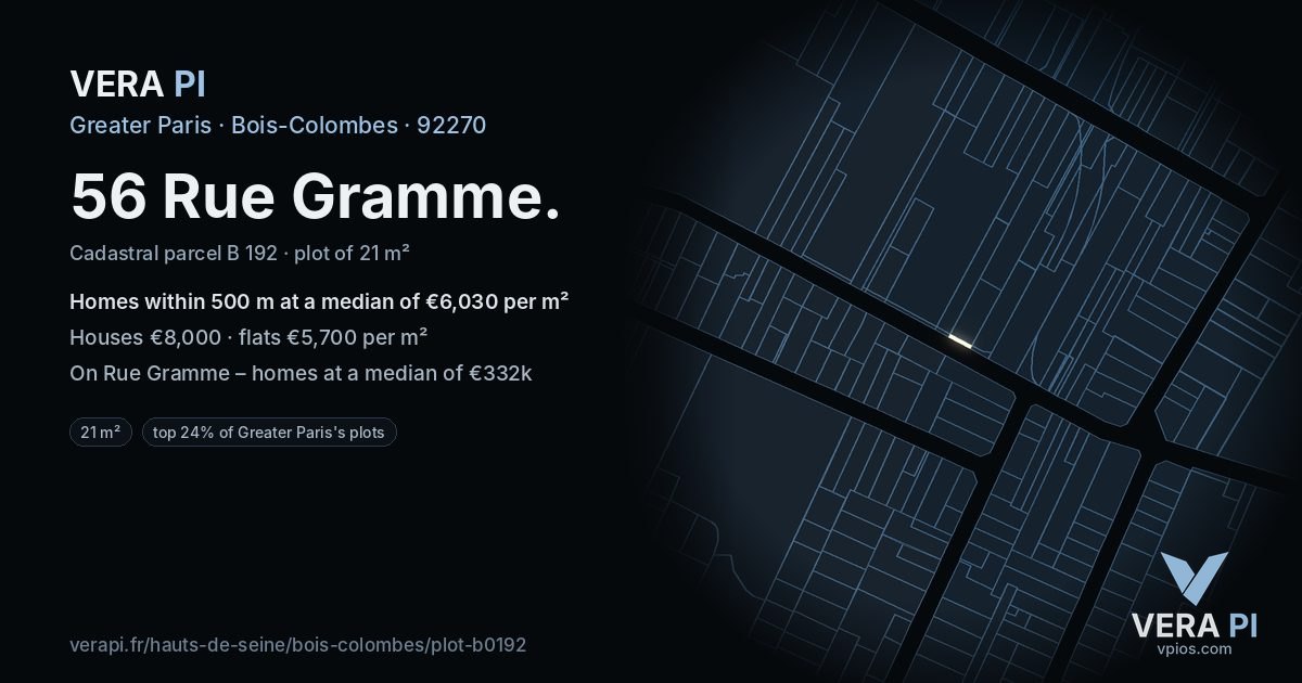 56 Rue Gramme, Bois-Colombes at night – the plot lit, the parcels around coloured by the prices near them