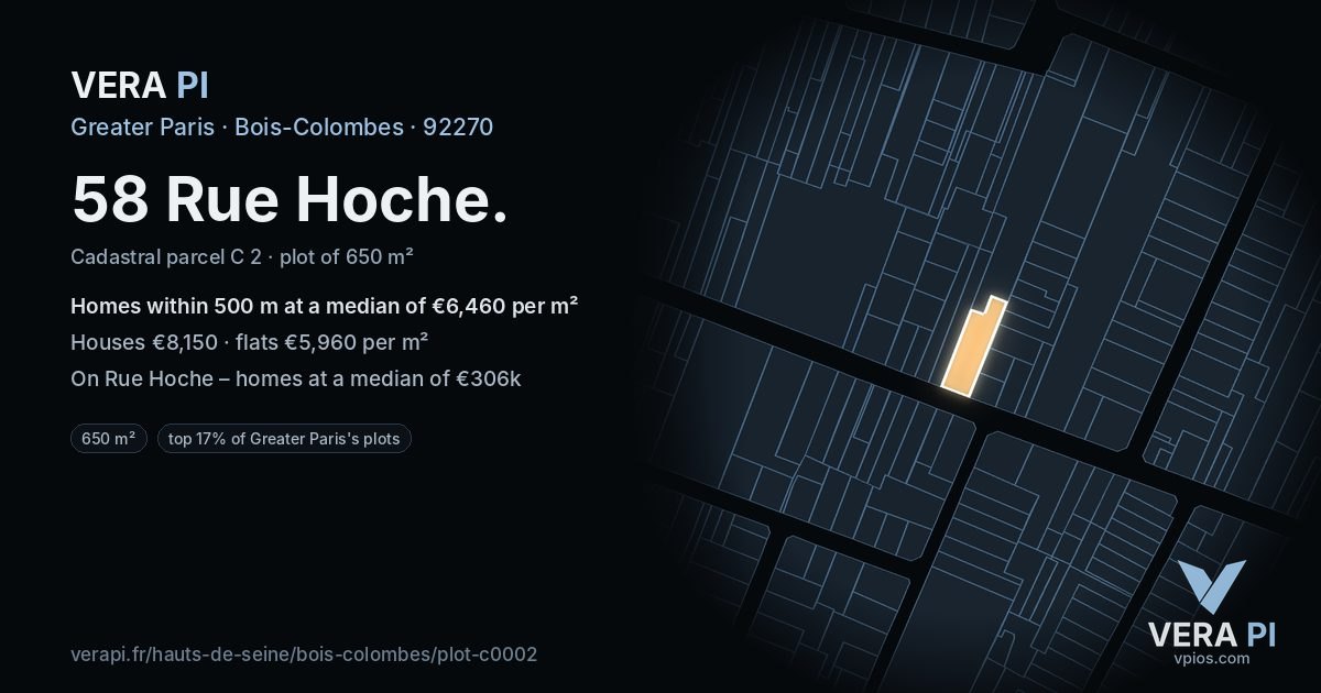 58 Rue Hoche, Bois-Colombes at night – the plot lit, the parcels around coloured by the prices near them