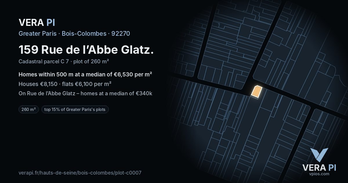 159 Rue de l’Abbe Glatz, Bois-Colombes at night – the plot lit, the parcels around coloured by the prices near them