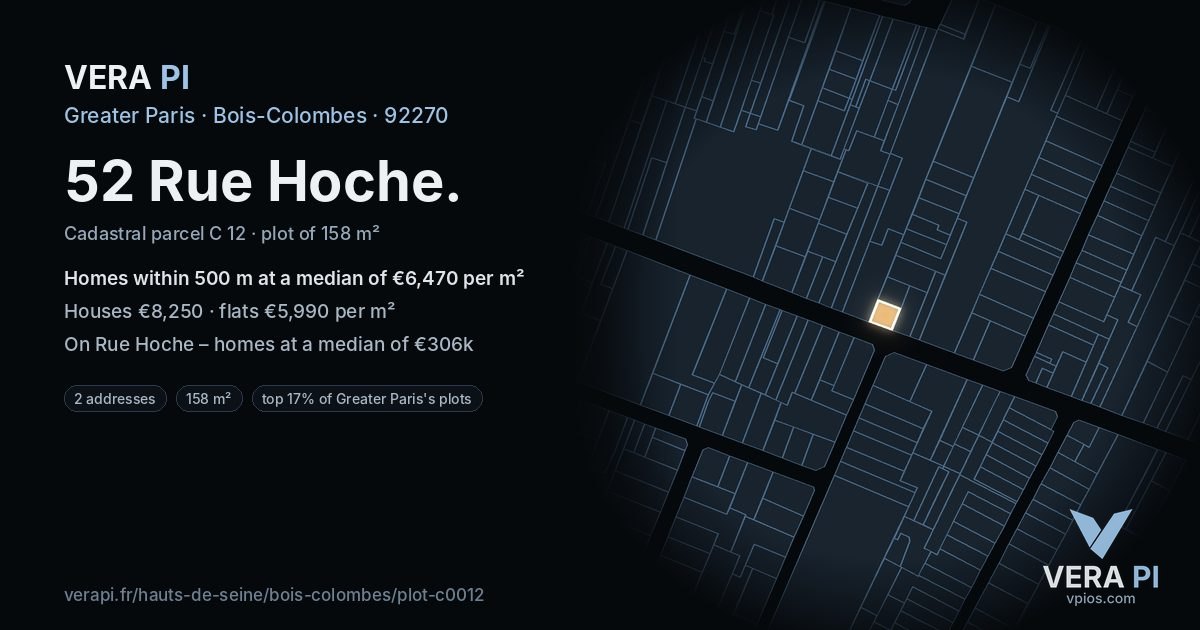 52 Rue Hoche, Bois-Colombes at night – the plot lit, the parcels around coloured by the prices near them