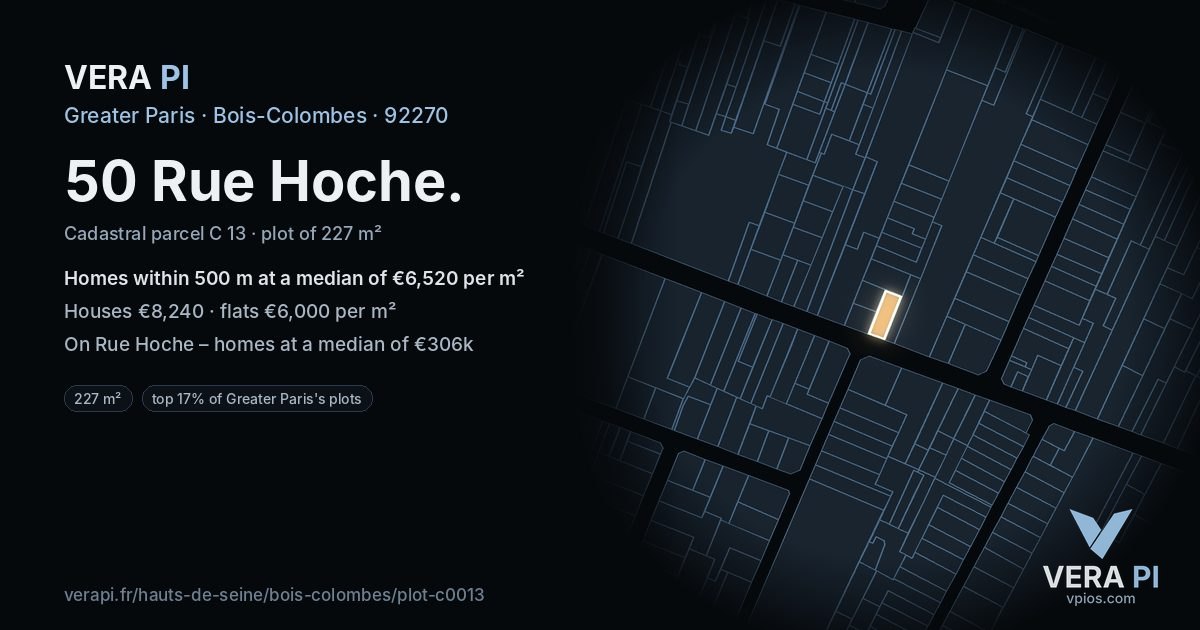 50 Rue Hoche, Bois-Colombes at night – the plot lit, the parcels around coloured by the prices near them
