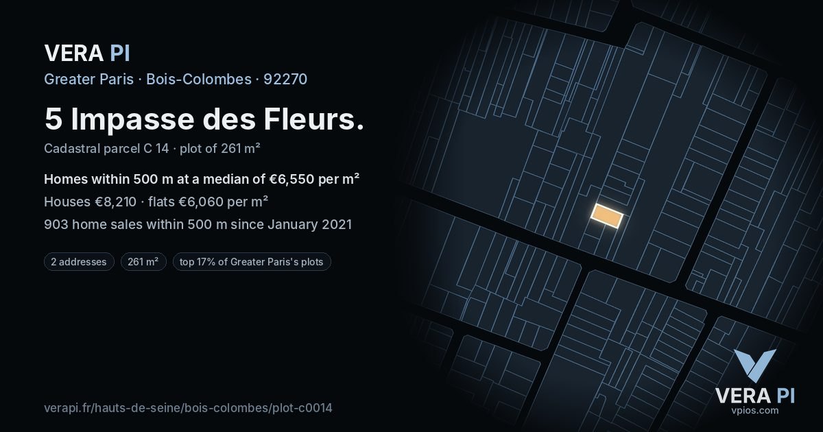 5 Impasse des Fleurs, Bois-Colombes at night – the plot lit, the parcels around coloured by the prices near them