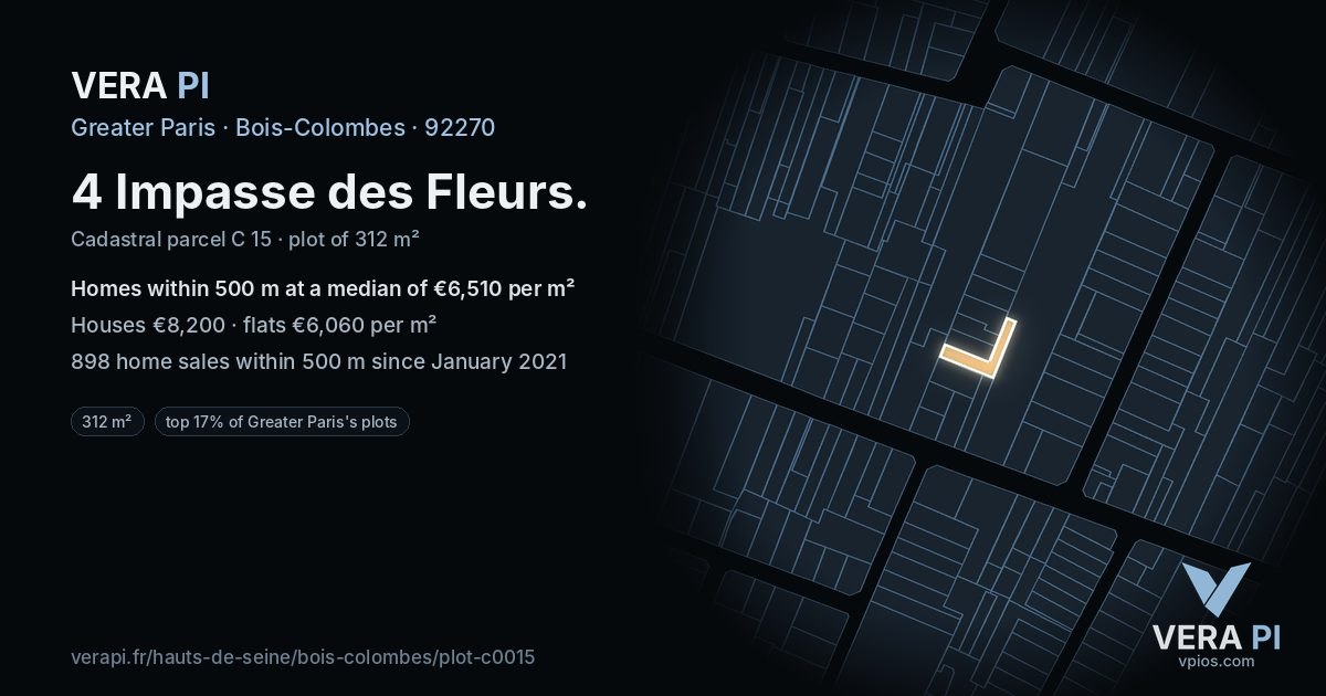 4 Impasse des Fleurs, Bois-Colombes at night – the plot lit, the parcels around coloured by the prices near them