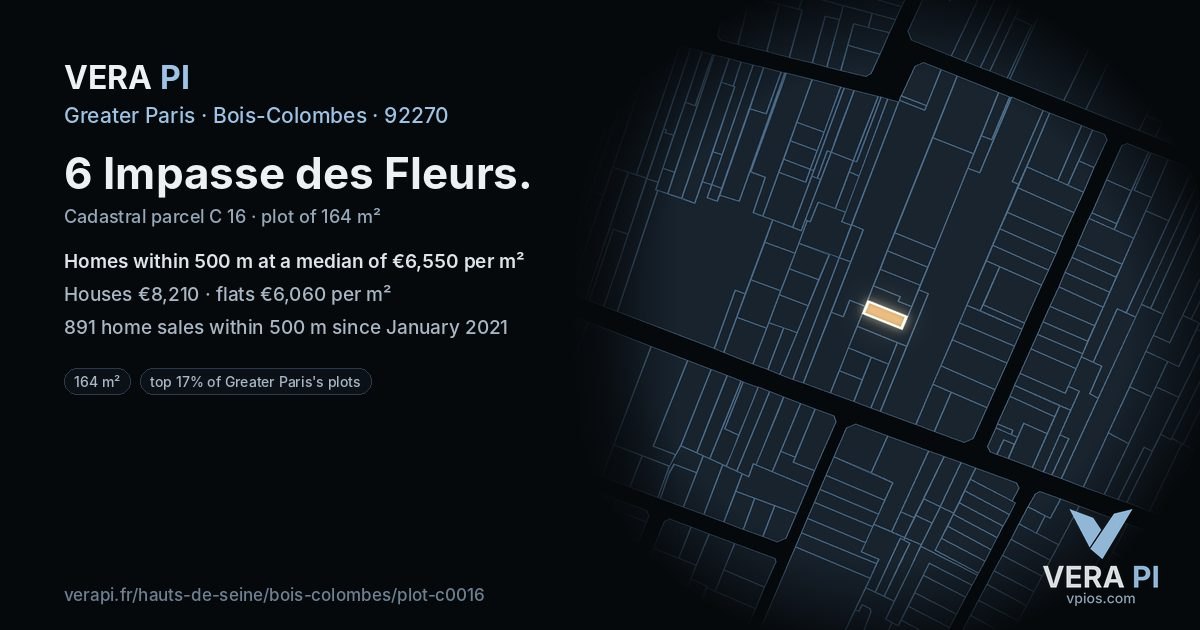 6 Impasse des Fleurs, Bois-Colombes at night – the plot lit, the parcels around coloured by the prices near them