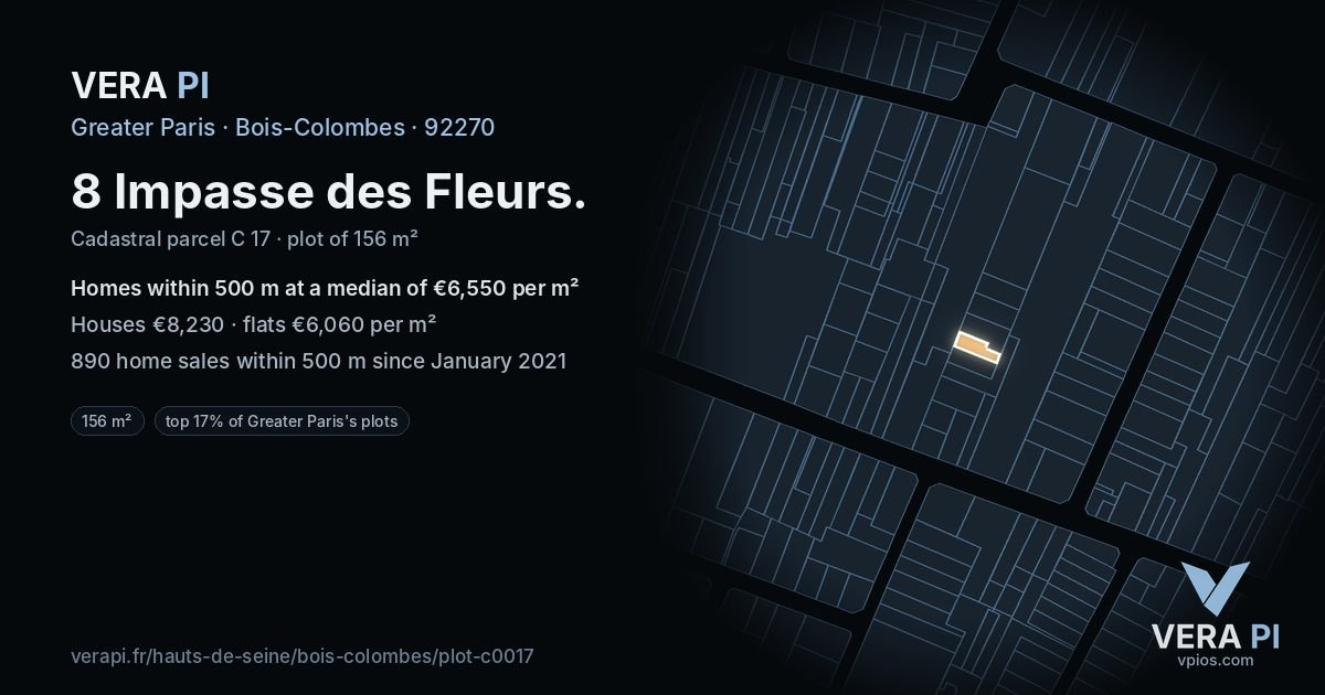 8 Impasse des Fleurs, Bois-Colombes at night – the plot lit, the parcels around coloured by the prices near them