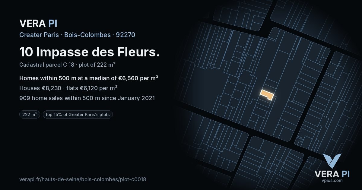 10 Impasse des Fleurs, Bois-Colombes at night – the plot lit, the parcels around coloured by the prices near them