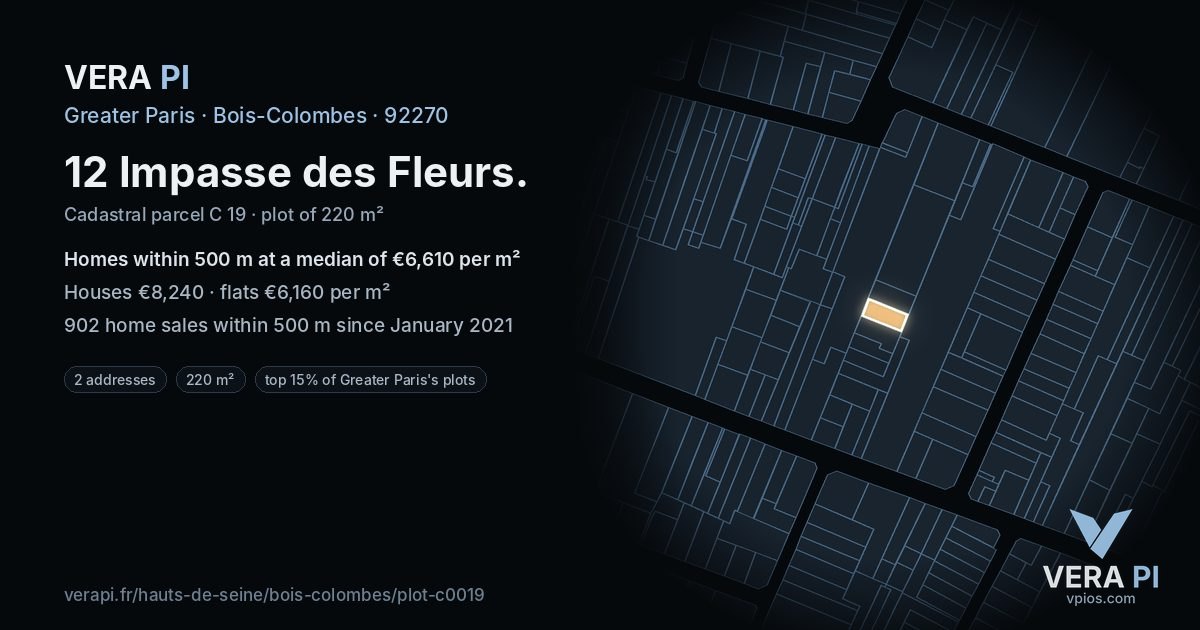 12 Impasse des Fleurs, Bois-Colombes at night – the plot lit, the parcels around coloured by the prices near them