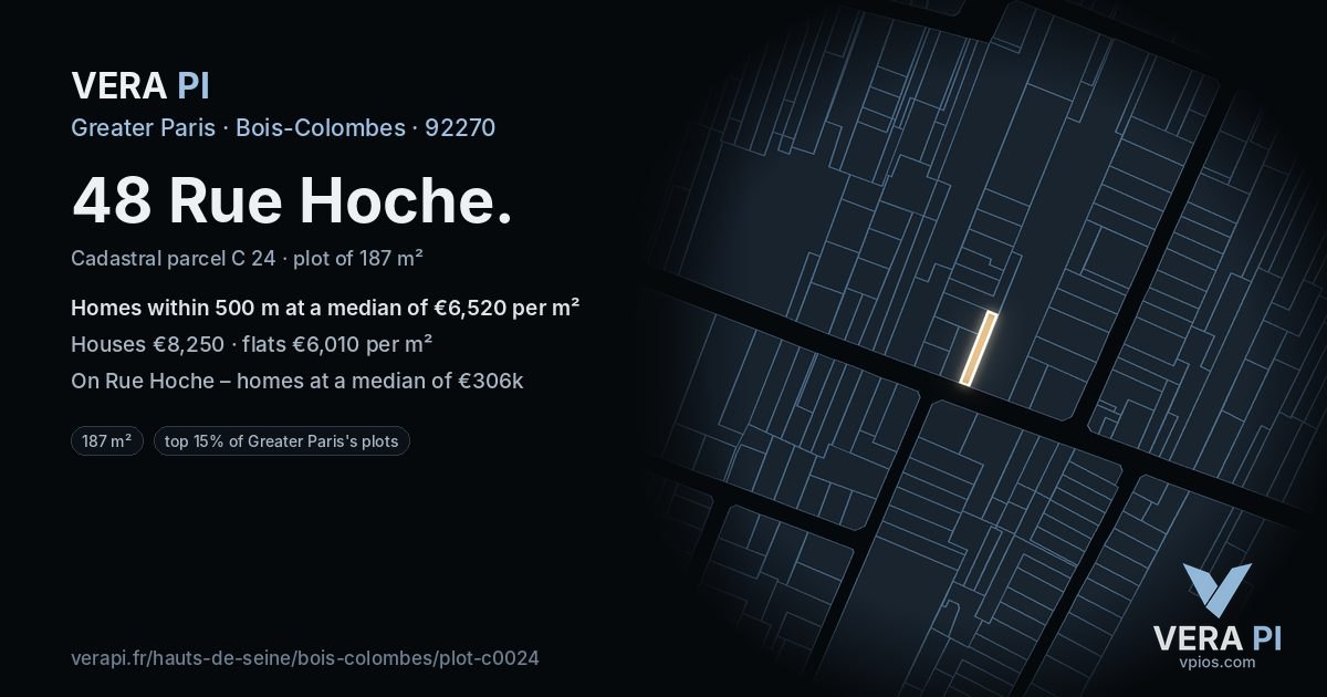 48 Rue Hoche, Bois-Colombes at night – the plot lit, the parcels around coloured by the prices near them