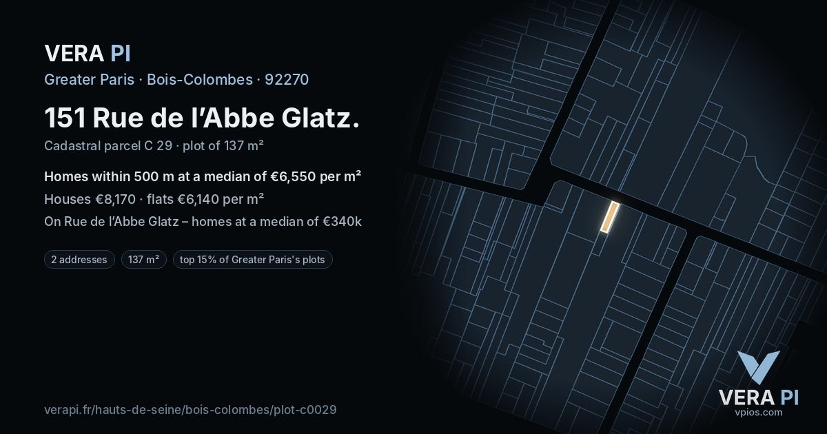 151 Rue de l’Abbe Glatz, Bois-Colombes at night – the plot lit, the parcels around coloured by the prices near them