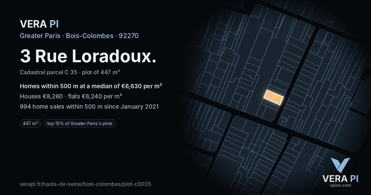 3 Rue Loradoux, Bois-Colombes at night – the plot lit, the parcels around coloured by the prices near them
