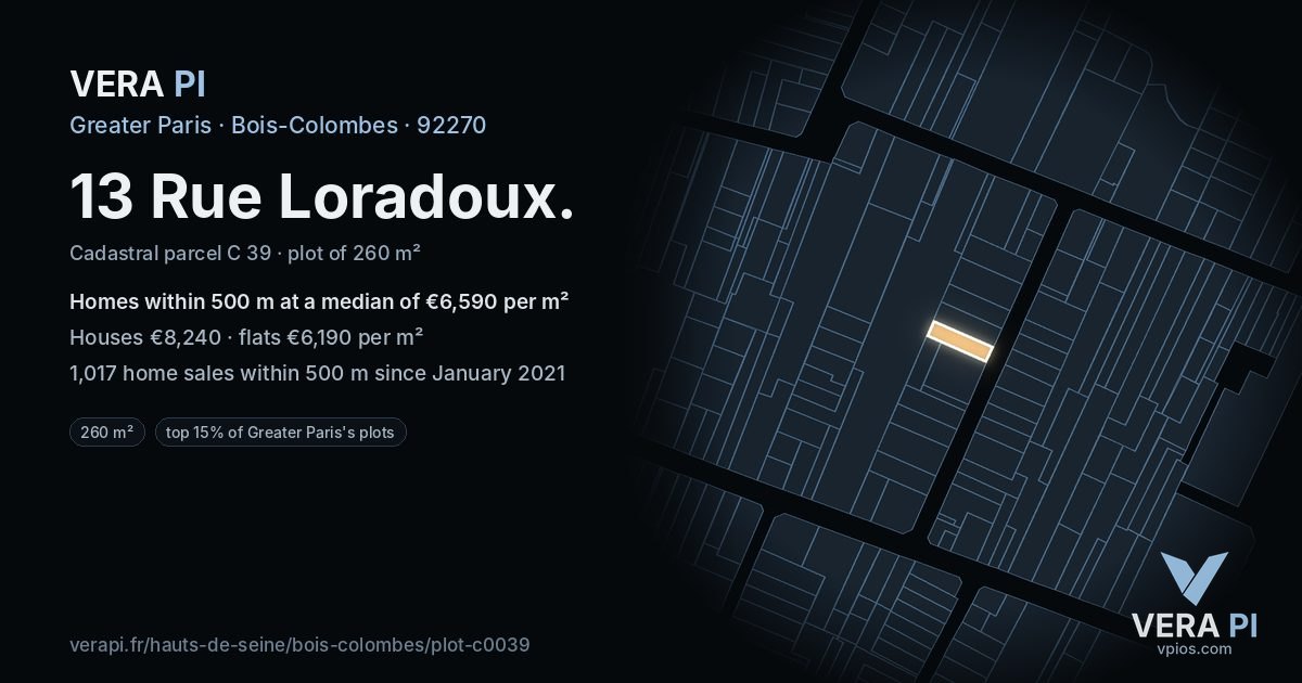 13 Rue Loradoux, Bois-Colombes at night – the plot lit, the parcels around coloured by the prices near them