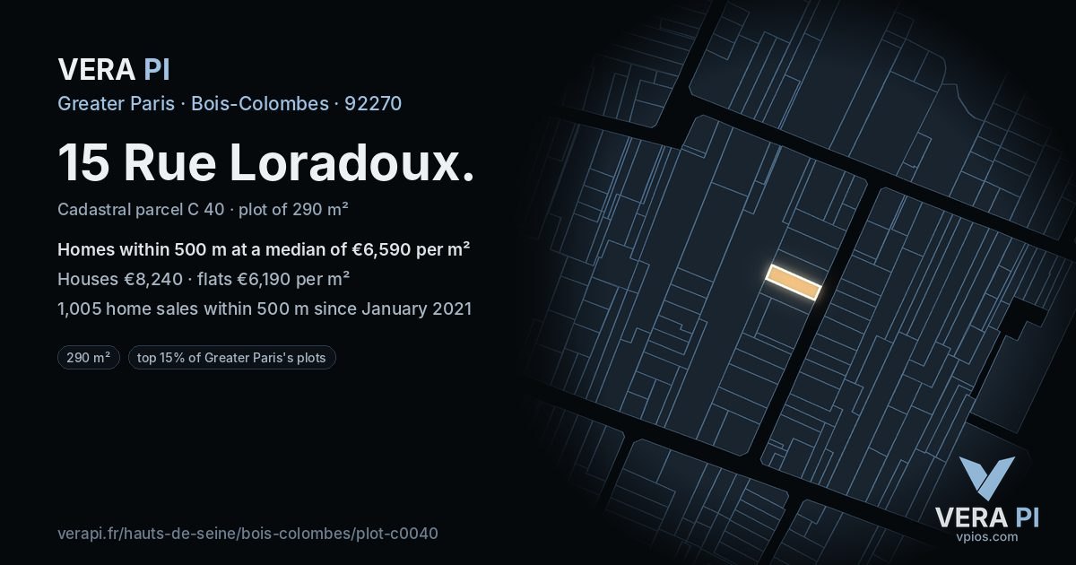 15 Rue Loradoux, Bois-Colombes at night – the plot lit, the parcels around coloured by the prices near them