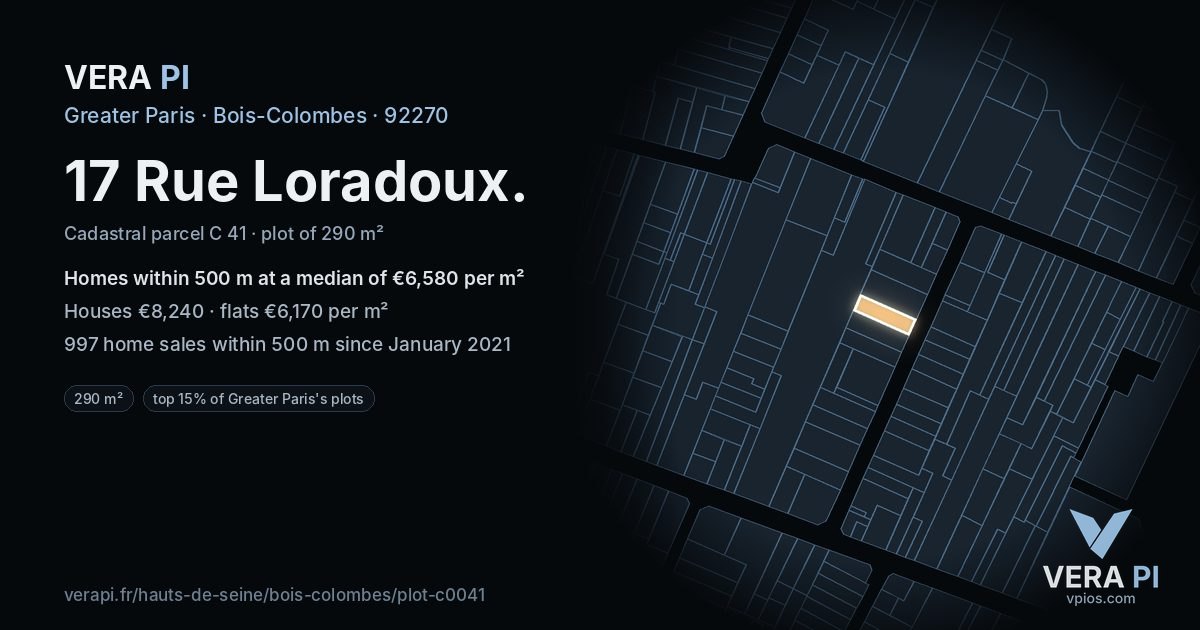 17 Rue Loradoux, Bois-Colombes at night – the plot lit, the parcels around coloured by the prices near them