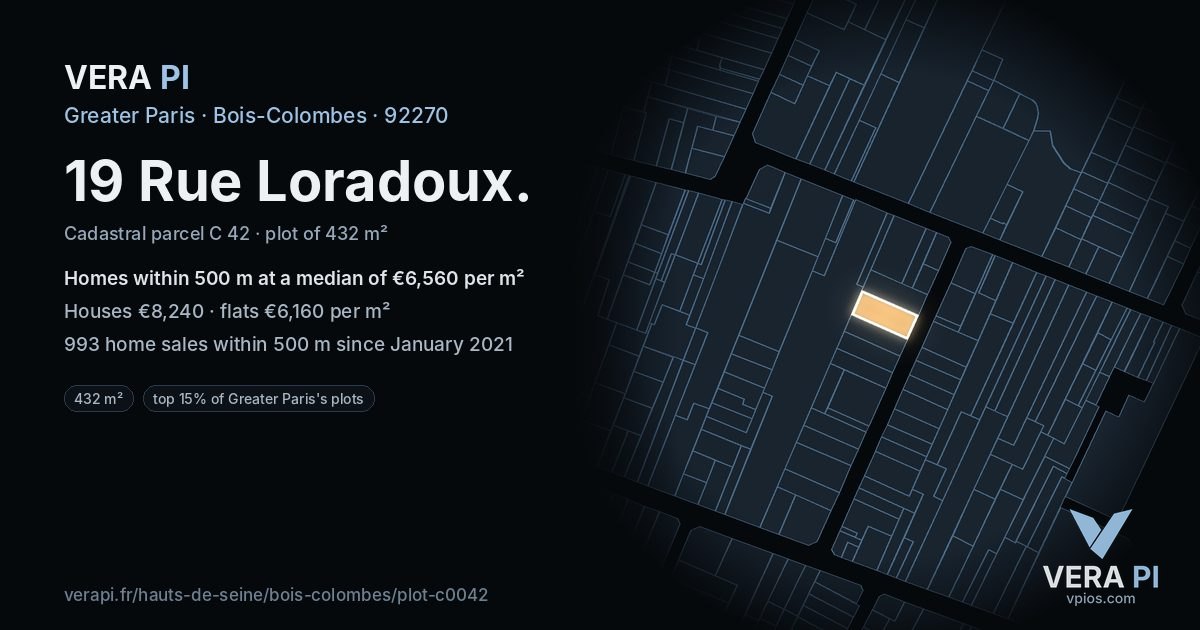 19 Rue Loradoux, Bois-Colombes at night – the plot lit, the parcels around coloured by the prices near them