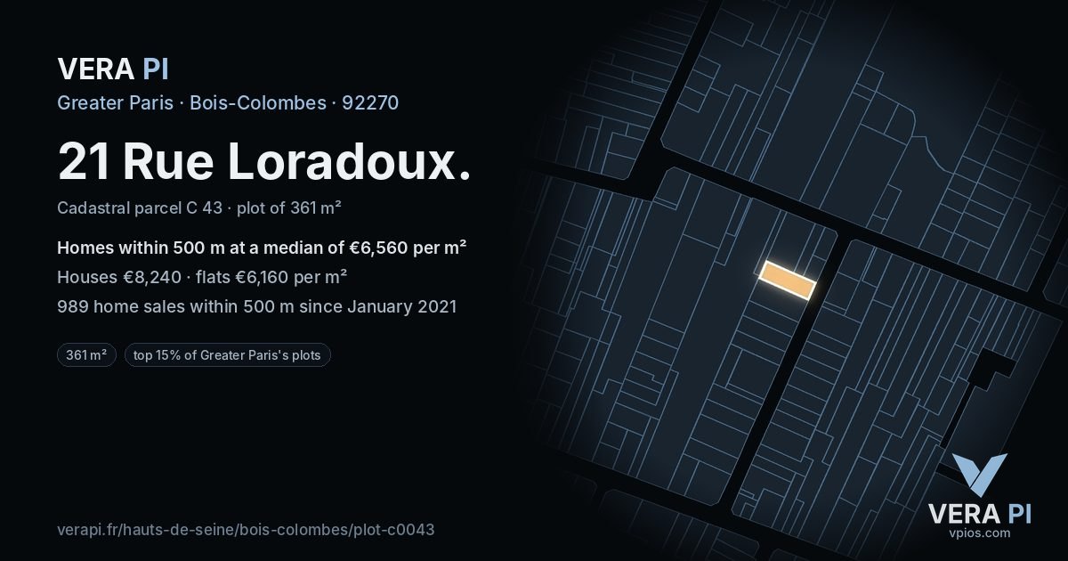21 Rue Loradoux, Bois-Colombes at night – the plot lit, the parcels around coloured by the prices near them