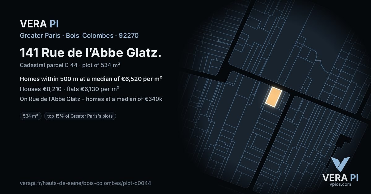 141 Rue de l’Abbe Glatz, Bois-Colombes at night – the plot lit, the parcels around coloured by the prices near them