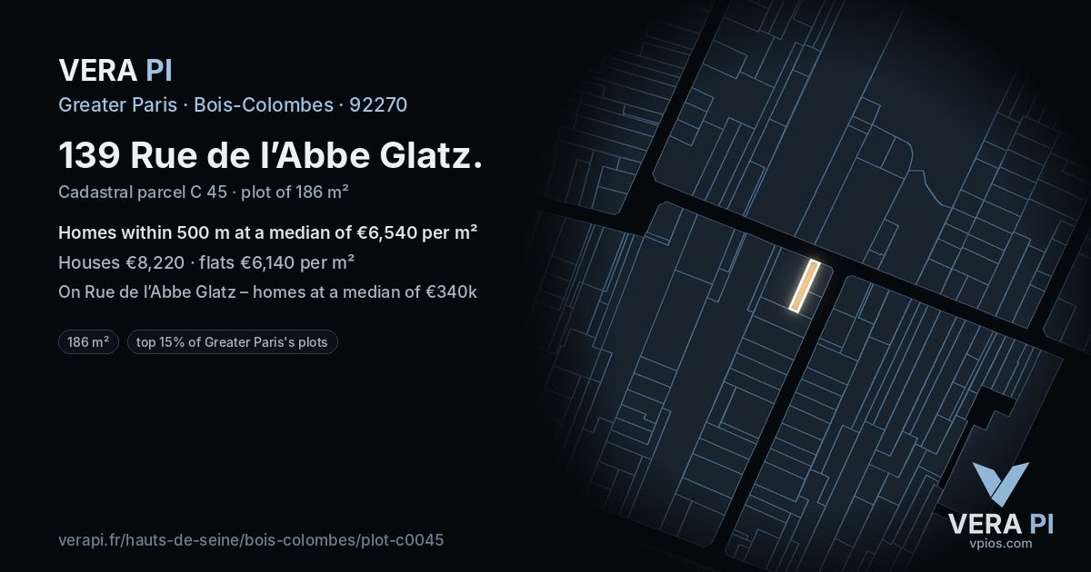 139 Rue de l’Abbe Glatz, Bois-Colombes at night – the plot lit, the parcels around coloured by the prices near them