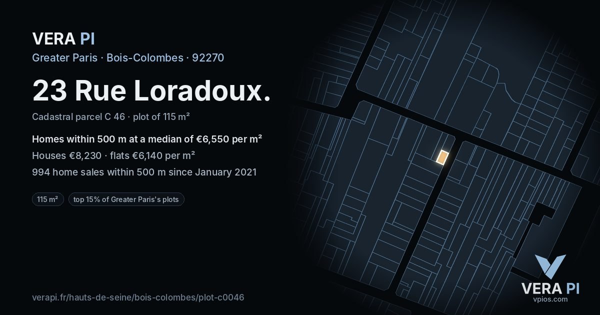 23 Rue Loradoux, Bois-Colombes at night – the plot lit, the parcels around coloured by the prices near them