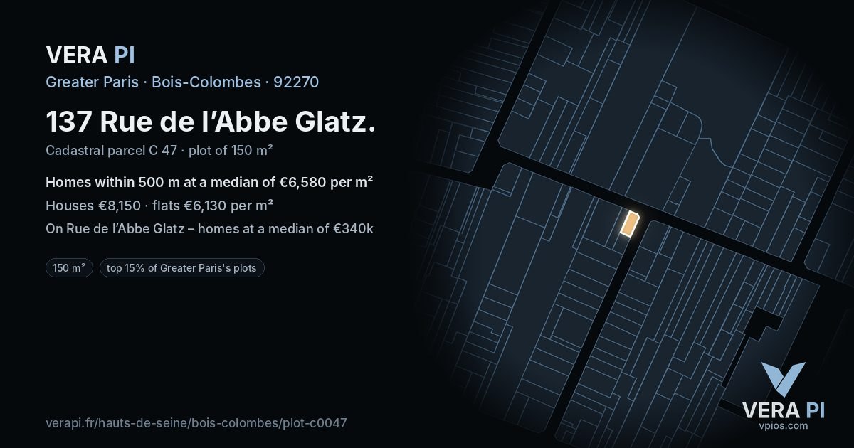 137 Rue de l’Abbe Glatz, Bois-Colombes at night – the plot lit, the parcels around coloured by the prices near them