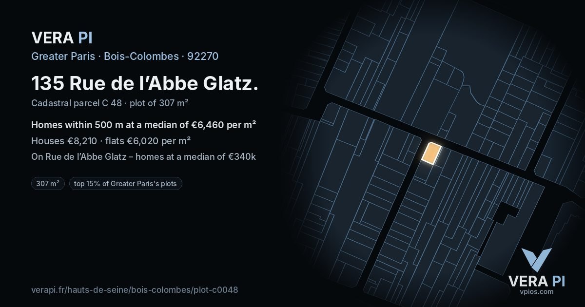 135 Rue de l’Abbe Glatz, Bois-Colombes at night – the plot lit, the parcels around coloured by the prices near them