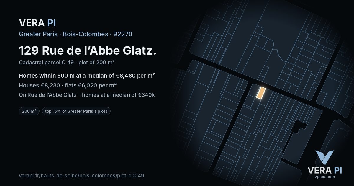 129 Rue de l’Abbe Glatz, Bois-Colombes at night – the plot lit, the parcels around coloured by the prices near them