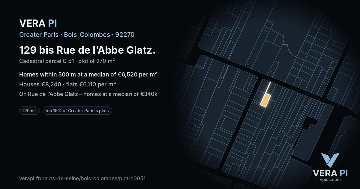 129 bis Rue de l’Abbe Glatz, Bois-Colombes at night – the plot lit, the parcels around coloured by the prices near them