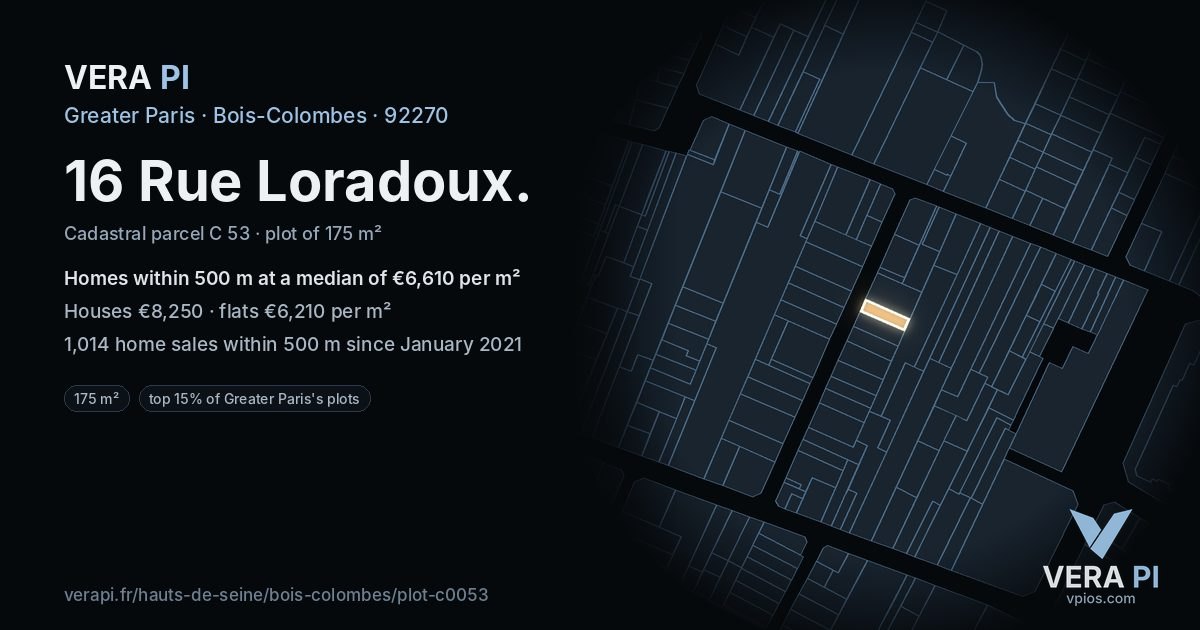 16 Rue Loradoux, Bois-Colombes at night – the plot lit, the parcels around coloured by the prices near them