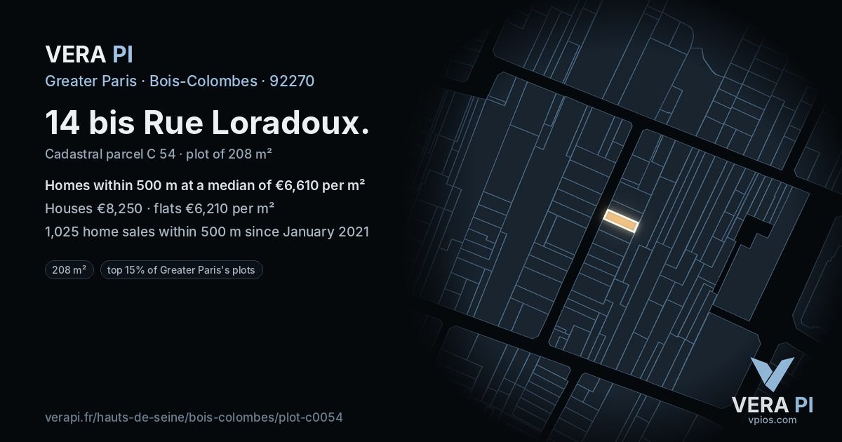 14 bis Rue Loradoux, Bois-Colombes at night – the plot lit, the parcels around coloured by the prices near them