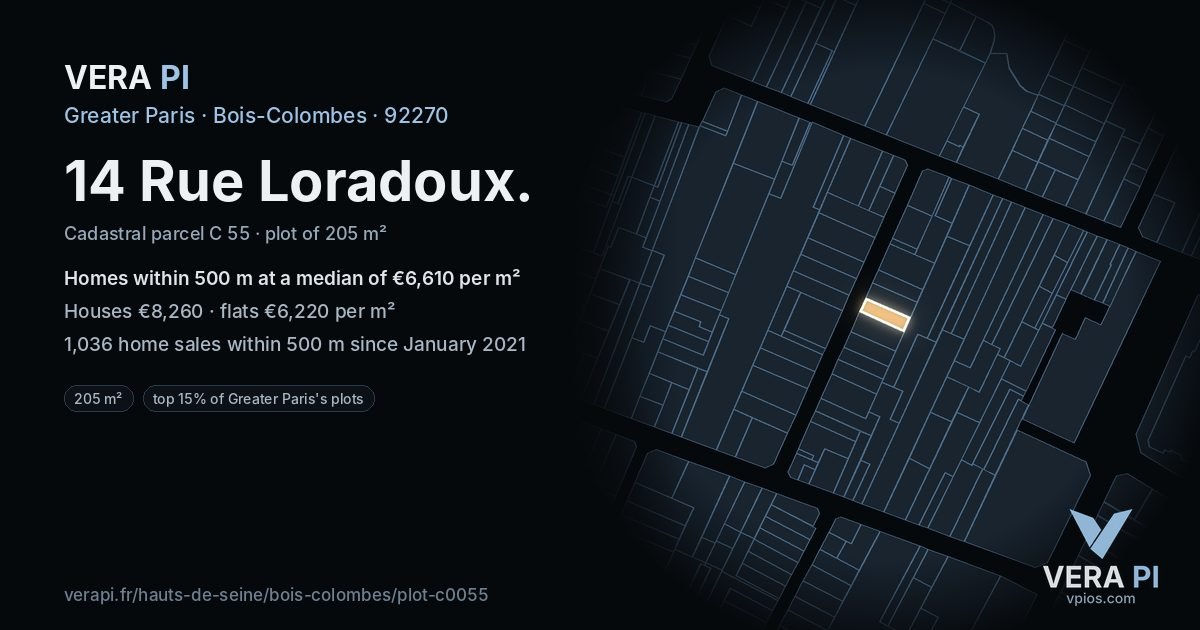 14 Rue Loradoux, Bois-Colombes at night – the plot lit, the parcels around coloured by the prices near them