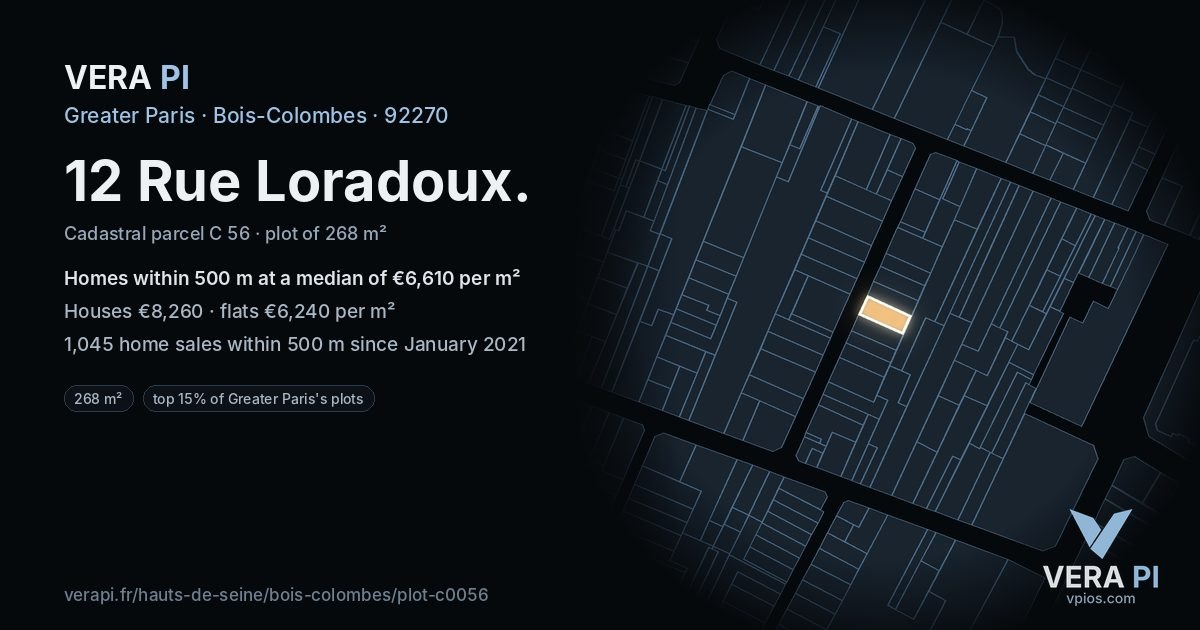 12 Rue Loradoux, Bois-Colombes at night – the plot lit, the parcels around coloured by the prices near them